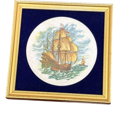 Vintage 1971 Harleigh China Co. Genuine Staffordshire Ceramics “Ship” Framed Plaque – Handmade England