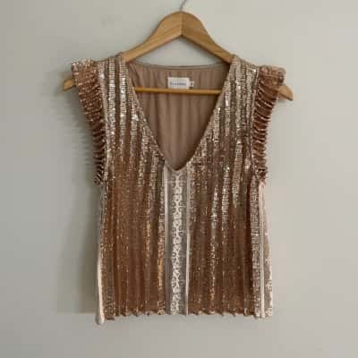 Flannel Womens  Size 0 Sequin Top Rose Gold with Embroidered Lace Panels
