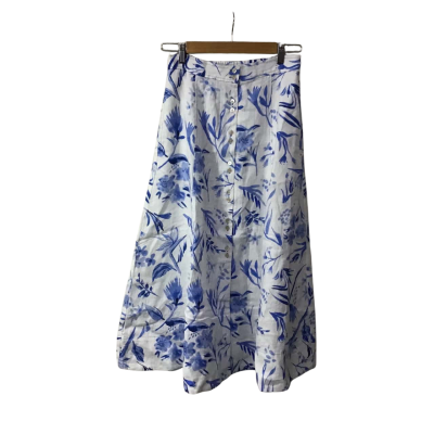 Saba Womens Size 8 White / Blue Pattern Linen Button up Midi Skirt (new)