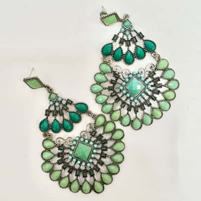 Green/Turquoise Boho Dangle Chandelier Stud Earrings 