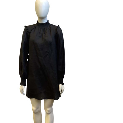 Brand New AERE Womens  Size 6 Frill Neck Linen Mini Dress Black 