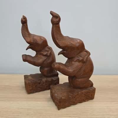 Pair of Hand-Carved Wooden Elephant Figurines – Tribal Style