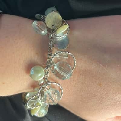 Silver Tone, Teal, White, Pearl Coloured Boho Beach Style Bracelet 