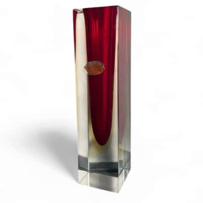 Murano Sommerso Red Orange Block Vase in Flavio Poli Style, Italy 70s