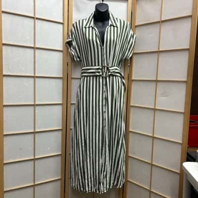 Zara Women’s Size L Linen Blend Maxi Dress / Shirt Dress / Short Sleeve Dress  Green / Striped / White 