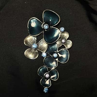 Silver Tone And Enamel Large Blue Flower Pendant With Gems
