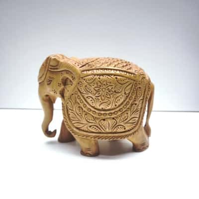 Vintage Hand Carved Wood Elephant Statuette Floral Pattern Sculpture 15cm