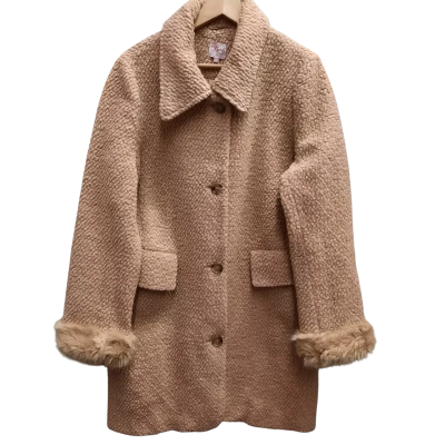 New With Tags LEONA EDMISTON Camel Teddy Coat with Faux Fur Trim Sleeves in Size 14 Orrp $249 / Sale $149