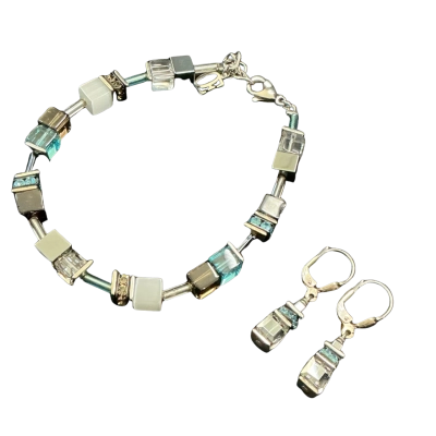 Coeur de Lion Geocube Beaded Bracelet and earring set - Black  / Blue / Brown / Silver 