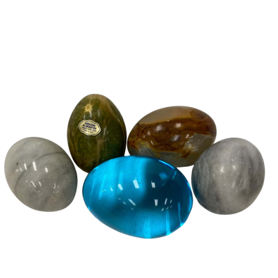 Polished stone eggs (4) + polished glass egg (1)