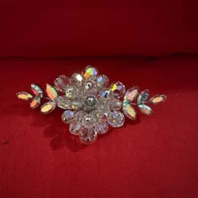  Women's Vintage Floral Brooch featuring an Iridescent Aurora Borealis Rhinestones Arranged in a Silver Tone Spray