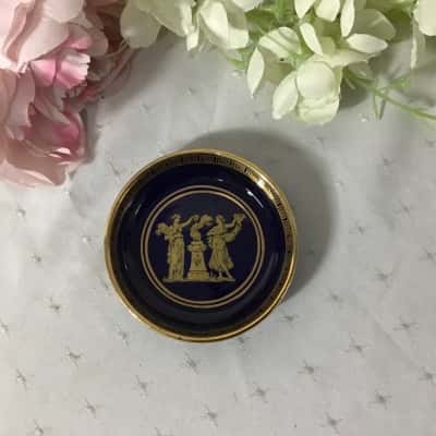 Vintage Cobalt Blue / 24K Gold Greek Mythology Pattern Small Round Trinket Dish