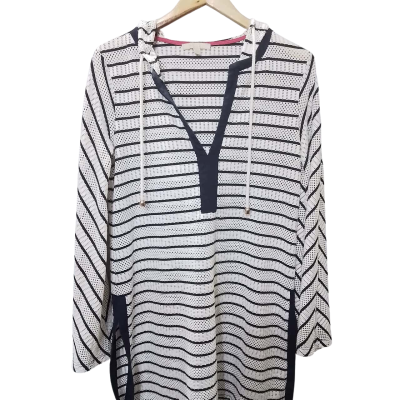  Sandiva Womens Size S Hooded Jacket Navy Blue / Pinstriped / White 