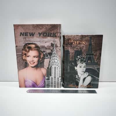 Faux Book Secret Storage Box Pair Marilyn Monroe New York Audrey Hepburn Paris Decorative