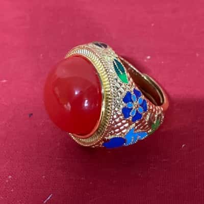  Women's Ice Red Burmese Jade Jadeite Archaistic Amulet Ring 
