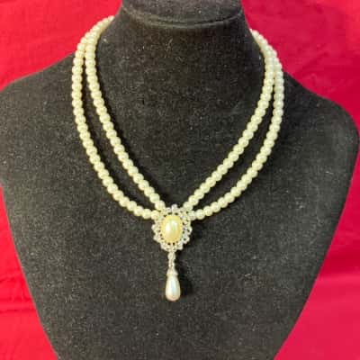  Women's Double Faux Pearl Clavicle Chain  Necklace 