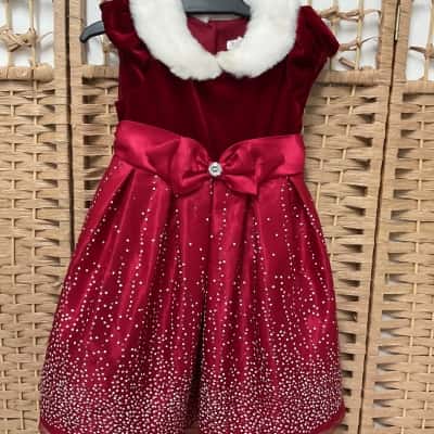 Jona Michelle Red Sparkly Dress White fur collar Silver Sparkles Girl Sz 4T Kids Christmas Party 