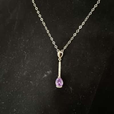 CZ & Purple Stone Pendant 925 Setting on Silver Toned Chain 