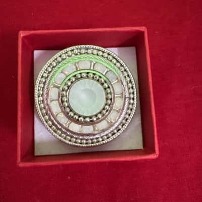  Women's Silver Tone Statement Ring featuring a Prominent Round Setting Adorned with Central Faux Moonstone