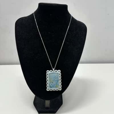 Handpainted Ceramic Womens Pendant Blue on a Silver Tone Chain