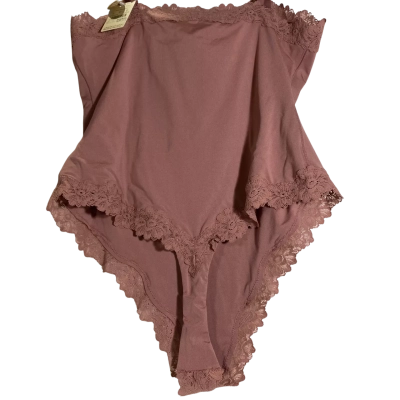  Size 16 NDK lace-trim shaping bodysuit in a mauve or deep rose shade, featuring thin adjustable spaghetti straps and delicate scalloped lace detailing along the neckline and leg openings