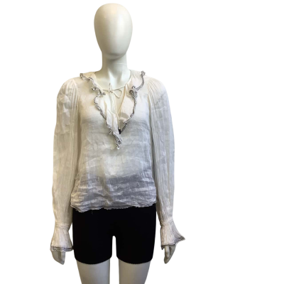 AJE Womens  Size 8 Ruffle Neck Long Sleeve Sheer Top White / Black