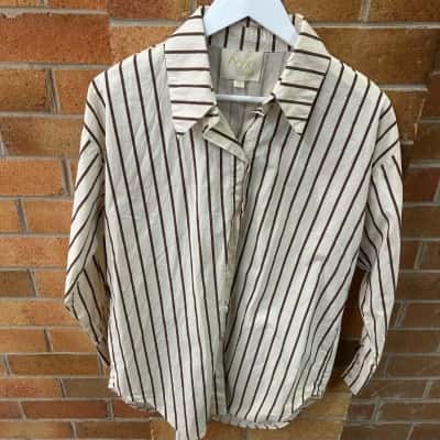 Boho Bird Womens  Size 12 Long Sleeve Shirt Brown / Cream / Striped 