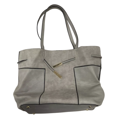  Womens Tote Bag with Gold Hardware on Drawstring Ties and Protective Base Feet - Grey