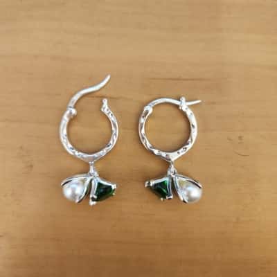 Silver 925 Stamped Hoop Earrings w/ Pearl and Green Stone Accessories - BNWOT