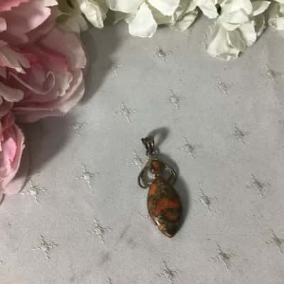 Womens 925 Silver / Brown & Orange Pattern Jasper Stone Pendant