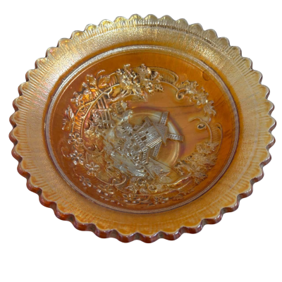 Imperial Marigold Footed Carnival Glass Bowl Windmill Scene Boat