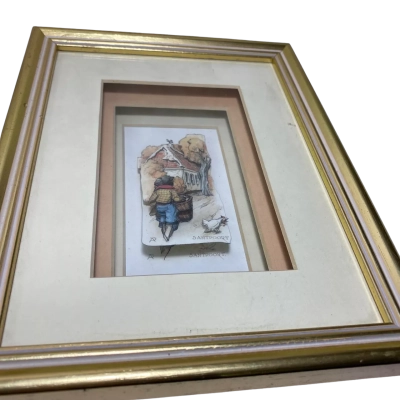 a framed 3D decoupage art print by Dutch artist Anton Pieck depicting a nostalgic village scene in Santpoort.
