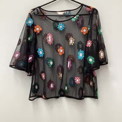 Gorman Womens Black net with multi coloured sequin flower Size 12 