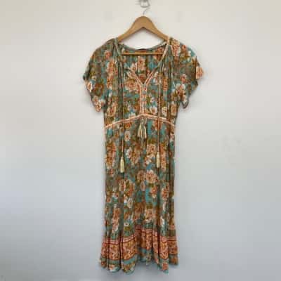 Esther & Co. Blue Beige Floral Short Sleeve Midi Dress Size 12 