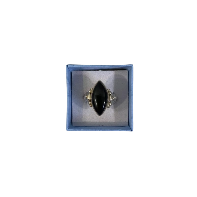 Womens 925 SS Marquise Black Stone Ring with Spiral Patterned Band