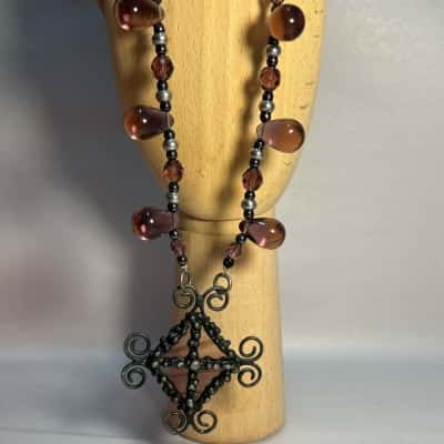 Purple Glass Beaded And Silver/Grey Tone Necklace