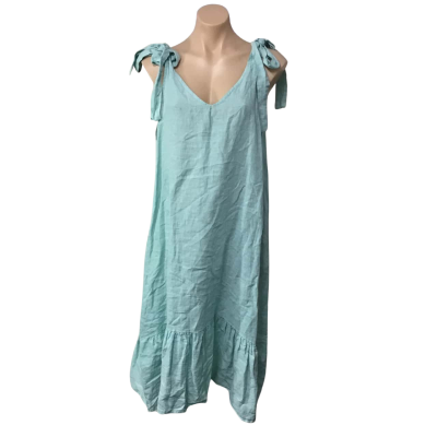 Rosa Jo Jo Womens One Size Pale Turquoise Linen Tie Shoulder Midi Dress  
