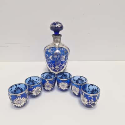 Antique/Vintage Cobalt Blue and 925 Silver Plated Glass Decanter Drink Set 