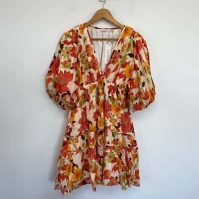 Lorraine Cream Orange Floral Short Sleeve Mini Dress  Size 14  