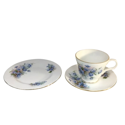 Vintage Crown Trent England Blue Floral Teacup Saucer and Side Plate