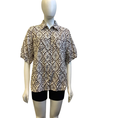 Dissh Womens  Size 14 Patterned Linen Shirt White / Taupe