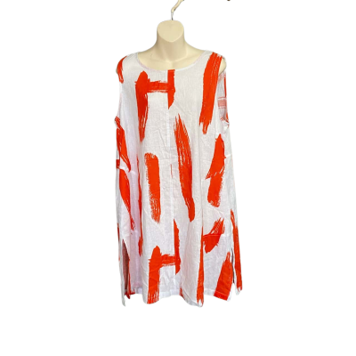 Taking Shape Women's Tunic Linen Blend Plus Size 12 - Here Comes the Sun Orange/ White Print 