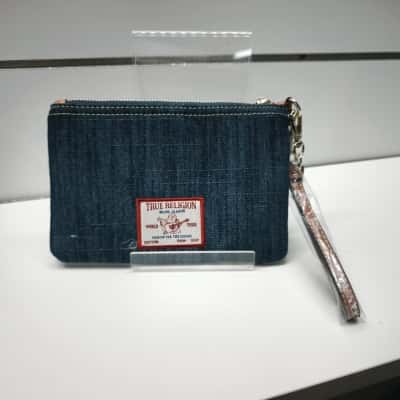 True Religion Womens True Religion Blue Denim Wristlet Pouch with Brown Faux Leather Strap and Red Logo Patch