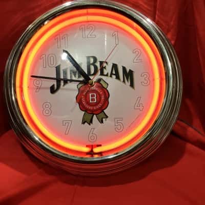 Jim Beam Retro Neon Wall Clock with Polished Chrome Bezel