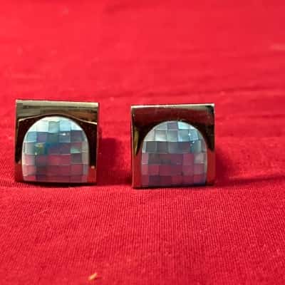 Men's Silver Tone Rectangular Blue Mosaic Insert Cufflinks 
