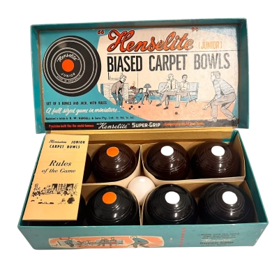 Vintage Henselite Junior Biased Carpet Bowls Set Made in Australia Complete