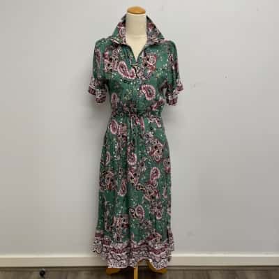 BoHo Australia Super Cute Green Floral & Paisley Patterned Short Sleeve Dress Size S/12 