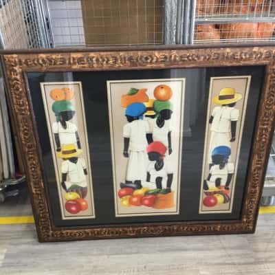 Vintage Triptych Caribbean Folk Art Painting Of Haitian Marketplace Women