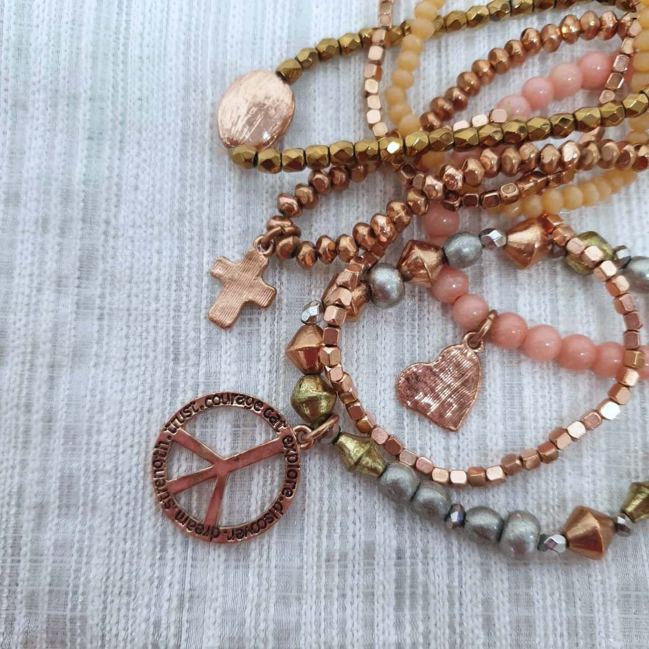 Rose Gold & Coral Beaded 7 Elastic Bracelet Combo with Super