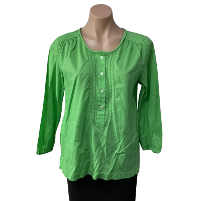 Trenery Womens Size S Green Self Pattern Button Neck Long Sleeve Top